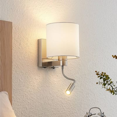 Lucande - wandlamp - 1licht - Staal, aluminium, textiel - H: 45.4 cm - E27 - nikkel satijn, wit