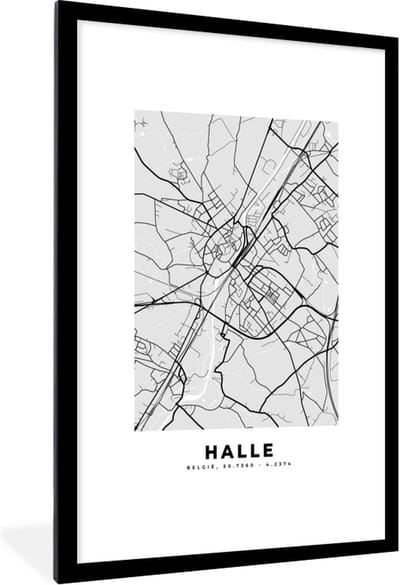 Fotolijst incl. Poster Zwart Wit- België – Halle – Stadskaart – Kaart – Zwart Wit – Plattegrond - 80x120 cm - Posterlijst