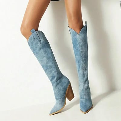 Denim Western Dames Hoge Laarzen tot op de knie/dij Nieuw Herfst Winter Hoge Hak Cowboy Lange Laarzen Maat 43 Instappers Dames Schoenen 35 gray