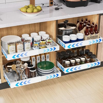 Uitbreidbare uittrekbare keukenkasten met lijm, praktische lade-organizer voor keuken en voorraadkast, verstelbare breedte 32-53 cm, ideaal voor ruimtebesparing en efficiëntie