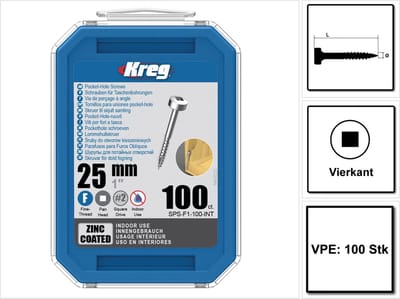 KREG Pocket-Hole cilinderkopschroef 25 mm 100 st. ( SPS-F1-100 ) Vierkantaandrijving Gedeeltelijke draad Fijne draad Zelftappend verzinkt