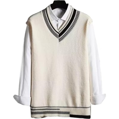 Pull sans manches à col en V pour homme, ample, colorblock, tricoté, mi-long, épais, style preppy et business M blanc