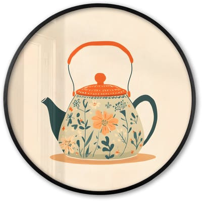 Poster in lijst Rond - Fotolijst 60x60 cm - Posters - Oranje - Theepot - Bloemen - Bladeren - Ronde posterlijst zwart - Decoratie - Wanddecoratie woonkamer - Muurdecoratie slaapkamer