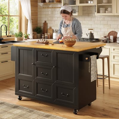 Keukentrolley 120 x 73 (45) x 93 cm - Met Wielen, Handdoekhouder en Kruidenrek - 2 Deuren en 5 Lades - Wit/Zwart