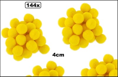 144x Pom Pom 4 cm geel - decoratie materiaal thema feest kleding accessoires