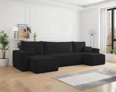 U-bank Frenkie - Ribstof - Zwart - Slaapbank met opbergruimte - Lounge Links of Rechts - Direct Leverbaar - U-zetel - Chaise longue - Zetel met slaapgedeelte - 4 zits - Zitcomfort Medium