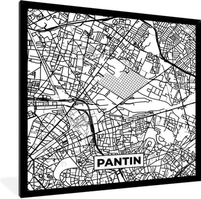 Fotolijst incl. Poster Zwart Wit- Frankrijk - Plattegrond - Pantin - Stadskaart - Kaart - Zwart wit - 40x40 cm - Posterlijst
