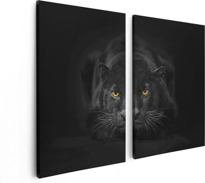 Artaza Canvas Schilderij Tweeluik Zwarte Panter Met Oranje Ogen - 80x60 - Foto Op Canvas - Canvas Print