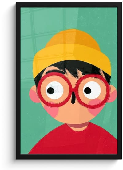 Poster in lijst - Fotolijst 40x60 cm - Posters - Jongen - Cartoon - Bril - Muts - Posterlijst zwart - Decoratie - Wanddecoratie woonkamer - Muurdecoratie slaapkamer - Kerstversiering - Kerstdecoratie voor binnen - Kerstmis