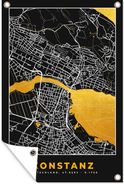 Muurdecoratie Konstanz - Goud - Stadskaart - Plattegrond - Duitsland - Kaart - 120x180 cm - Tuinposter - Tuindoek