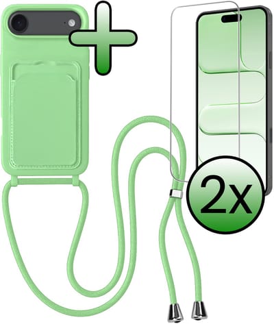 Hoes Geschikt voor iPhone Air Hoesje Pas Houder Case Hoes Met Koord Met 2x Screenprotector - Hoesje Geschikt voor iPhone Air Hoes Met Telefoonkoord Pasjeshouder Cover - Groen