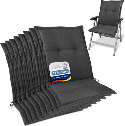 Beautissu HighLux NL – Set van 8 Tuinkussen Lage Rug Kussen 105x50x7cm – Outdoor Zitkussen voor Tuinstoel Antraciet