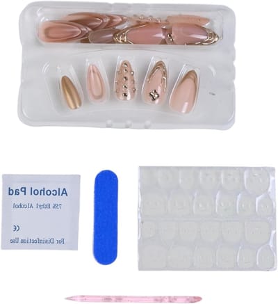 Kunstnagels amandelgoud stiletto 24 stuks met gereedschapstas, gemiddelde lengte, luxe vingernagels voor een perfecte manicure