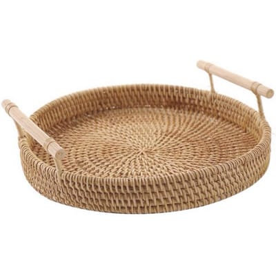 Wilgen Fruitmand Rond Rieten Opbergmand Dienblad Met Houten Handvat Brood Fruit Cake Voedselschaal Serveerschaal voor Thuis beige