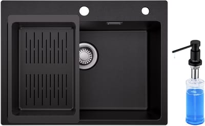 Sofetiy MAX Granieten spoelbakken (60x45 cm) - Spoelbak Met Zeepdispenser(300ML) - Spoelbak Keuken Zwart - Wasbak Keuken Met Waterafvoersysteem en Afdruiprek