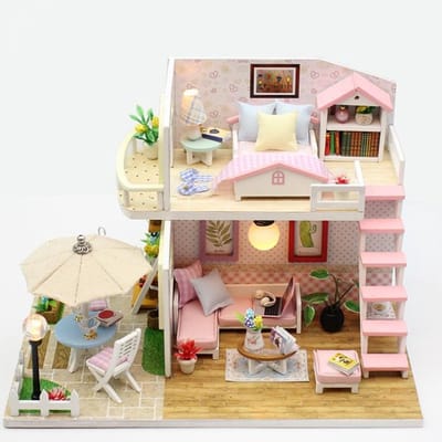 Playos® - DIY Miniatuurhuisje - Roze - met Verlichting - Bouwpakket - Modelbouwpakket - Miniatuur Huisjes - Houten Modelbouw - Volwassenen en Kinderen