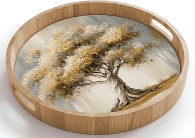 Dienblad rond 40x40 cm - Schootdienblad hout - Boom - Bladeren - Abstract - Wit - Borrelplank rechthoek - Plateau houten dienbladen