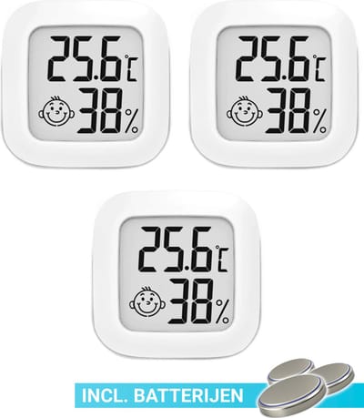 Compacte Thermometer en Hygrometer Mèt Batterijen - Luchtvochtigheidsmeter - Digitale Vochtmeter Voor Binnen - 2 in 1 Thermohygrometer - Set van 3