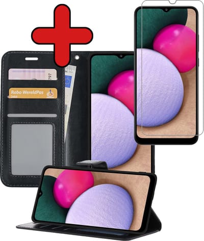 Hoesje - Met Screenprotector - Geschikt voor Samsung Galaxy A02s - Luxe Pasjeshouder - Flipcase - Bookcase Portemonee - Flip Case - Kunstleer Book Case - Book Cover - Walletcase - Portemonneehoes - Telefoonhoes - Zwart