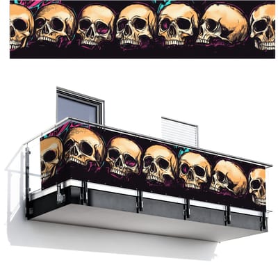 Balkonscherm 500x110 cm - Balkonposter Schedels - Graffiti - Neon - Balkon scherm decoratie - Balkonschermen - Balkondoek zonnescherm