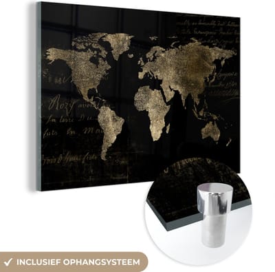 MuchoWow® Glasschilderij 60x40 cm - Schilderij acrylglas - Wereldkaart - Goud - Vintage - Foto op glas - Schilderijen