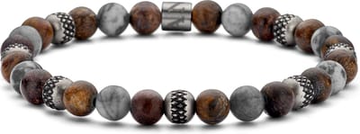 Frank 1967 7FB-0736 Kralen Armband - Heren Armband - Matt Bronzite Kralen - 6mm - Map Stone - Staal Kralen - Rekbaar 19cm - Grijs/Atraciet/Bruin