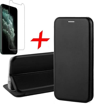 Hoesje geschikt voor iPhone 11 pro - book case cover Kunstleer wallet zwart + Screenprotector glas tempered glass screen protector