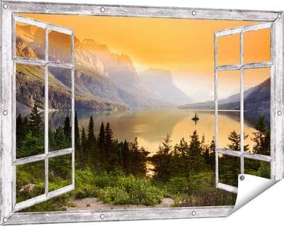 Gards Tuinposter Doorkijk Bergen met een Meer in Nationaal Park Glacier - 120x80 cm - Tuindoek - Tuindecoratie - Wanddecoratie buiten - Tuinschilderij