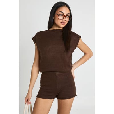 boohoo Dames Mouwloze Top Met Boothals En Shorts Set | Chocoladebruin | Maat: Small