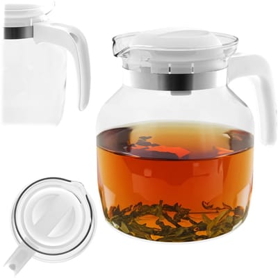 KADAX Glazen kan 1,5 l, koffiepot van hittebestendig glas voor thee, koffie en sap, theepot met ergonomische handgreep en afneembaar deksel (wit)