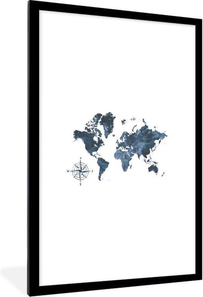 Poster in lijst - Fotolijst 80x120 cm - Posters - Wereldkaart - Kompas - Glitter - Posterlijst zwart - Decoratie - Wanddecoratie woonkamer - Muurdecoratie slaapkamer