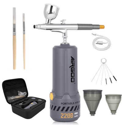 Airgoo draagbare, draadloze, oplaadbare airbrushcompressorset MK430(215) met reinigingsborstels voor modelbouw, taartdecoratie, make-up en andere algemene airbrush-toepassingen