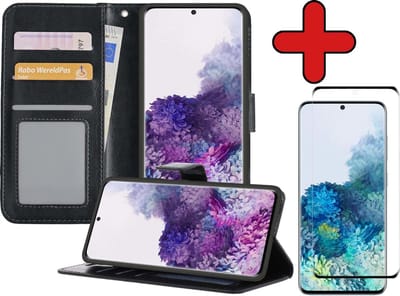 Hoesje - Met Screenprotector - Geschikt voor Samsung Galaxy S20 - Luxe Pasjeshouder - Flipcase - Bookcase Portemonee - Flip Case - Kunstleer Book Case - Book Cover - Walletcase - Portemonneehoes - Telefoonhoes - Zwart