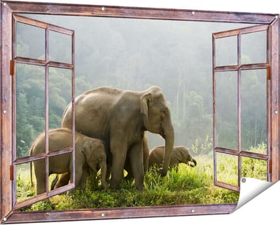 Gards Tuinposter Doorkijk Olifanten Familie in de Jungle - Olifant - 150x100 cm - Tuindoek - Tuindecoratie - Wanddecoratie buiten - Tuinschilderij