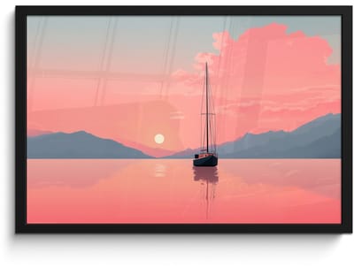 Poster in lijst - Fotolijst 60x40 cm - Posters - Zeilboot - Roze zee - Zonsondergang - Bergen - Posterlijst zwart - Decoratie - Wanddecoratie woonkamer - Muurdecoratie slaapkamer