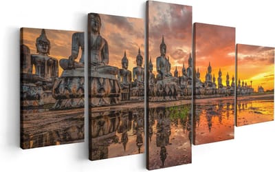 Artaza Canvas Schilderij Vijfluik Boeddha Beelden Tijdens Zonsondergang - 100x50 - Foto Op Canvas - Canvas Print