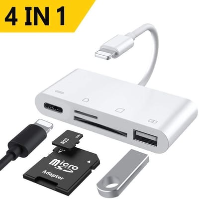 4-IN-1 kaart lezer adapter kabel - SD + Micro SD + 8-Pin + USB (OTG) - Geheugenkaart - geschikt voor iPhone en iPad - wit