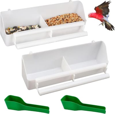 Dubbele kunststof vogelvoederbak voor vogels en papegaaien met 2 voederlepels, ideaal voor buitengebruik en tuindecoratie