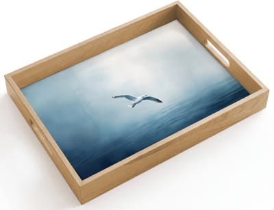 Dienblad hout 40x30 cm - Schootdienblad - Meeuw - Wit - Zee - Mistig - Borrelplank rechthoek - Plateau dienbladen