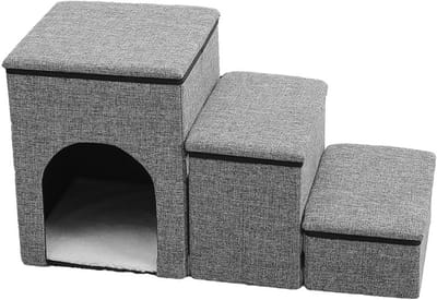 Opvouwbare 3-in-1 Hondentrap – Honden opstapje - Huisdiertrap met Opslag en Huis –3-Lagen Hondenhelling- Zachte Grijze Trap voor Katten & Kleine Honden – Tot 75 kg Draagkracht