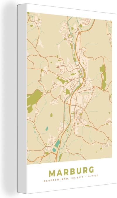 Canvas Schilderij Plattegrond - Marburg - Vintage - Kaart - Stadskaart - 20x30 cm - Wanddecoratie
