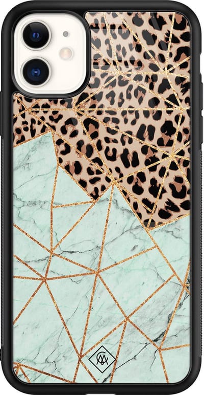 Casimoda® hoesje - Geschikt voor iPhone 11 - Luipaard Marmer Mint - Luxe Hard Case Zwart - Backcover telefoonhoesje - Bruin