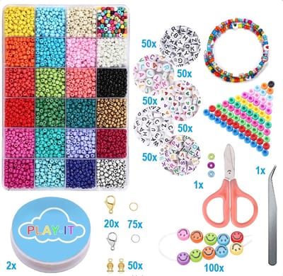 PLAY IT Kralen Mega Set XXL Knutselen Meisjes - 4 mm - Incl.Smiley, Letter & Hartjes Kralen