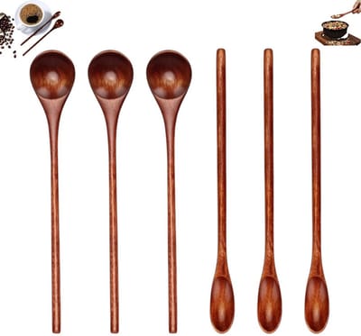 6 stuks - Houten lepels in Japanse stijl - bamboe soeplepels - vintage houten lepels met lange steel - roerlepels - houten koffielepels - kleine houten lepels