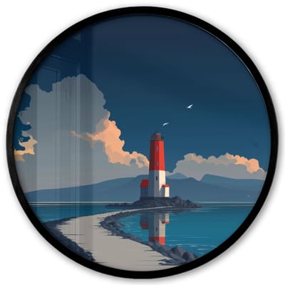 Poster in lijst Rond - Fotolijst 40x40 cm - Posters - Vuurtoren - Zee - Wolken - Ronde posterlijst zwart - Decoratie - Wanddecoratie woonkamer - Muurdecoratie slaapkamer