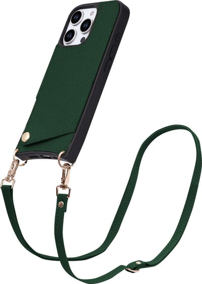 Casemania Hoesje Geschikt voor Apple iPhone 16 Pro - Back Cover met Draagkoord - Pasjeshouder Hoes met Bandje - Crossbody Telefoonhoesje - Lanyard Case - Groen