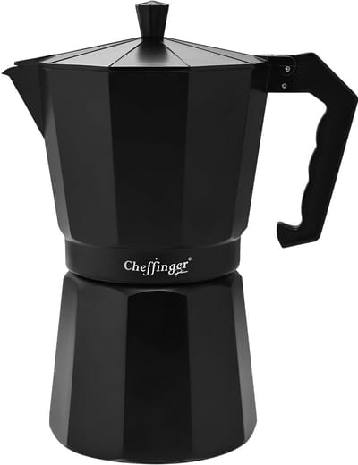 Cheffinger, Italiaanse Koffiezetapparaat 380ml 9 Kopjes van Aluminium met Ergonomisch Handvat, Zwart
