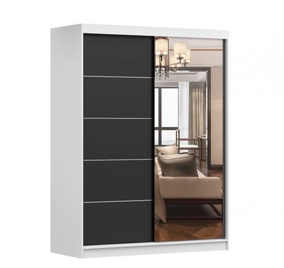 Schuifdeurkast LARA 05 – 2-deurs kledingkast met spiegel, legplanken en kledingroede – modern design – 150x200x61 cm - LARA 05 (Wit + Zwart)