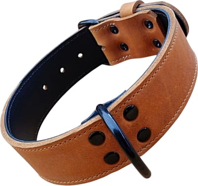 K9World by van der Veeke, Lederen Hondenhalsband - Black Edition Hardware – 4 cm Breed – Dubbel Leer – Handgemaakt – Cognac Bruin – Maat 40–50 cm