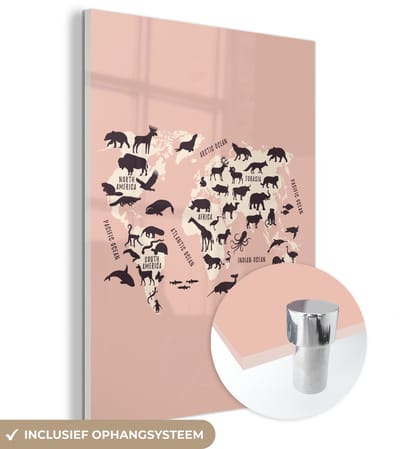 ® Glasschilderij 90x120 cm - Schilderij acrylglas - Wereldkaart - Dieren - Roze - Foto op glas - Muurdecoratie woonkamer - Wanddecoratie slaapkamer - Schilderijen